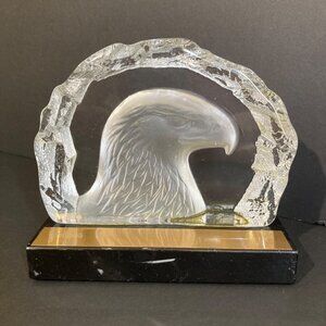 Vintage NYBRO Art Glass Crystal EAGLE Paperweight On Marble With Brass Plaque